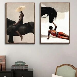 Stunning African American woman 2 pcs Elegant Equestrian Canvas unframed New